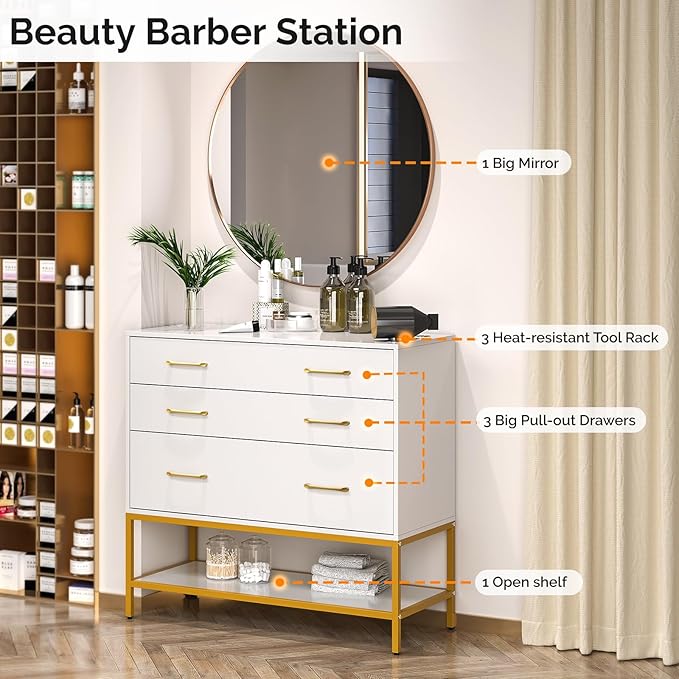 OmySalon Salon Stations for Hair Stylist, Barber Station with Mirror, 3 Drawers, Shelf & Tool Holders, Hair Storage Cabinet Organizer Table for Beauty Spa, White