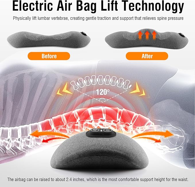 3-in-1 Electric Lumbar Support Pillow with Heat & Massage, Ergonomic Memory Foam Lower Back Massager for Pain Relief Deep Tissue, Smart Air Lift Technology, Ideal for Car/Bed/Sleeping/Office Chair
