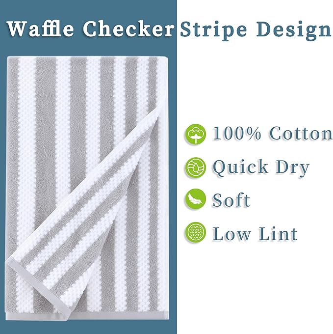 Waffle Bath Towels, 4PC 28" x 52" - 100% Cotton | Quick Dry | Light Weight | Soft | Breathable, Striped Bath Towels for Bathroom, Shower Towel Gift Set, Gray Stripes and White Checker/Waffle