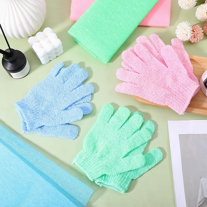 6 Pack African Net Sponge Exfoliating Glove Set, Including 3 Pcs Bath Sponge African Scrub Net Body Scrubber Back Scrubber and 3 Pairs Exfoliating Gloves as Stocking Stuffers for Adults
