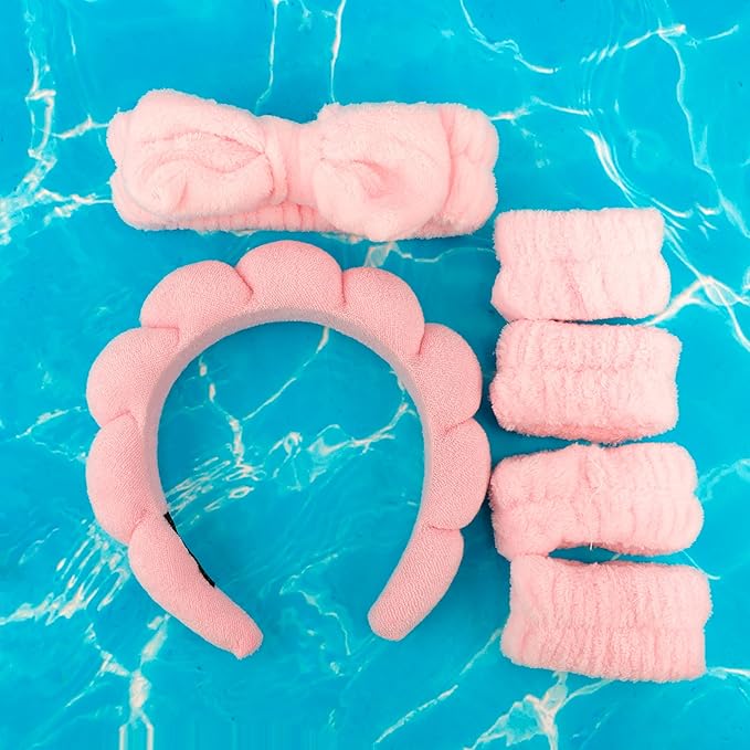 AOPRIE SPA Headbands for Washing Face Makeup Headbands with Bow Hair Band Women Facial Head Band Wrist Towel Wraps For Shower Face Mask Pink Style Pink, 6 Pack