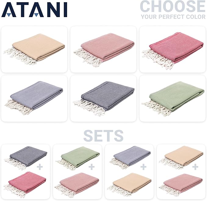 ATANI 69x35 in Oversized Turkish Beach Towel Set with Tote Bag – Quick-Dry 100% Turkish Cotton Peshtemal, Sand-Resistant, Lightweight for Shower, Travel, Pool, Yoga (Green)