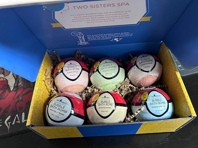 Poke Monster Bath Bombs for Kids with Surprise Inside (6 Pack) - Large Bubble Bath Bomb for Boys & Girls - Fruity Scent, Skin-Safe, USA Made, Kids Easter Basket Stuffers and Gift by Two Sisters