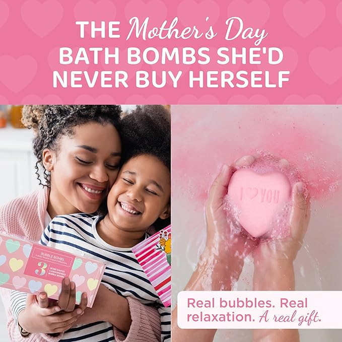 Mother's Day Heart Bath Bombs for Mom (3 Pack) - Relaxing Bubble Bath and Spa Essential - Gift for Her or Mothers Day Gift with Strawberry, Lemon + Fruit Scents, Handmade in USA by Two Sisters
