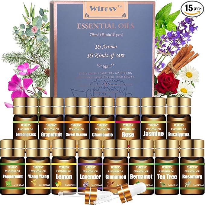 Essential Oils Set - Top 15 Scents for Diffuser, Humidifier, Skin Care, Aromatherapy, Massage, Candle & Soap Making - Fragrance Gift Set (5ml)