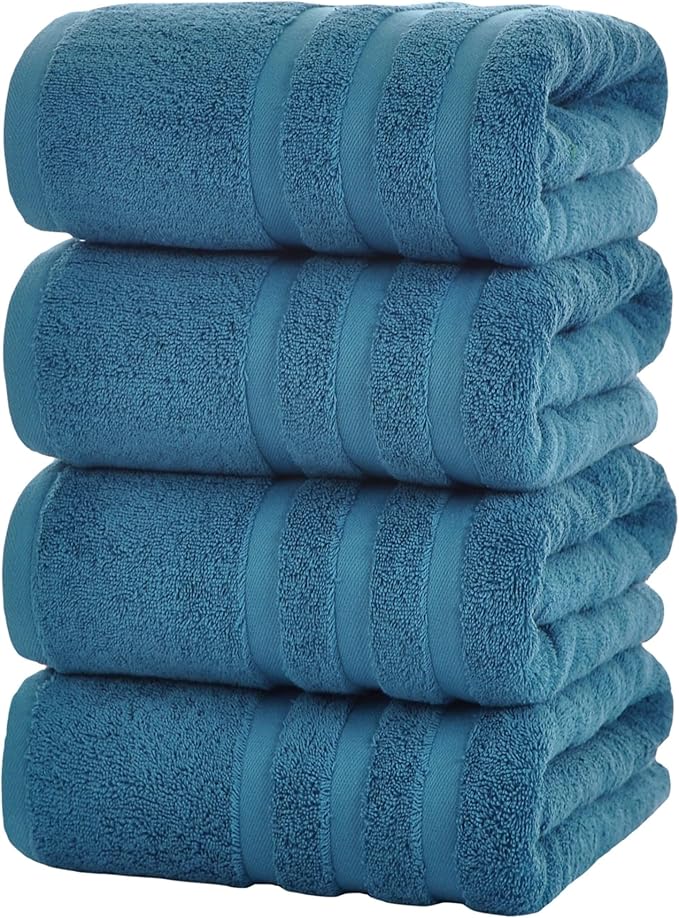 Bath Towels 4 Pack, 30 x 60 Inches, Large 100% Cotton Towels, Soft, Absorbent, Comfortable for Home, Spa, and Gym, (Blue)