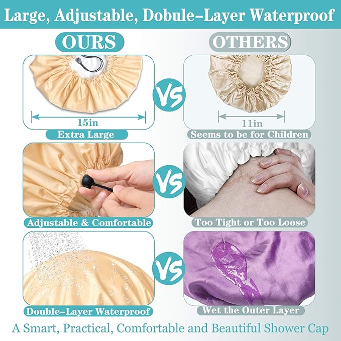 3 Pack Extra Large Double Layer Adjustable Shower Caps for Women, Waterproof Exterior & EVA Lining, Oversized Design for All Hair Lengths