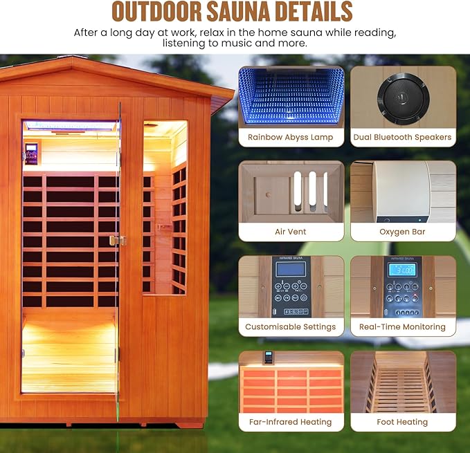 OUTEXER Outdoor 4 Person Sauna Far Infrared Saunas Dry Sauna Room Red Cedar and Canadian Hemlock Wood Wooden Sauna Spa 2600W 240V with 7 Color Light 62.2 * 46.8 * 81.9 inches