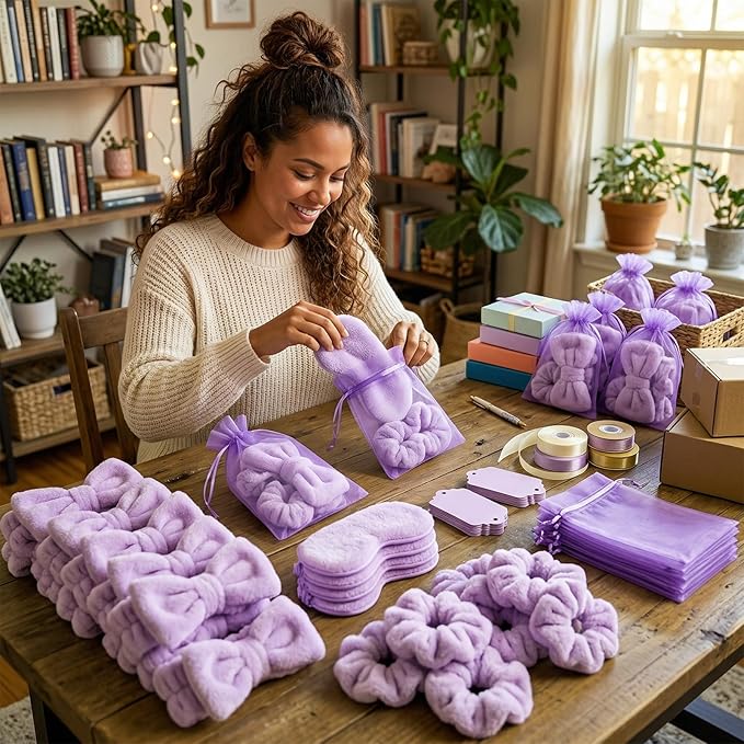Mimorou 48 Pieces Spa Party Supplies Gift for Mother's Day 12 Spa Headband 12 Plush Sleep Eye Mask 12 Velvet Scrunchies 12 Organza Bags for Sleepover Slumber Party Graduation Gift(Purple)