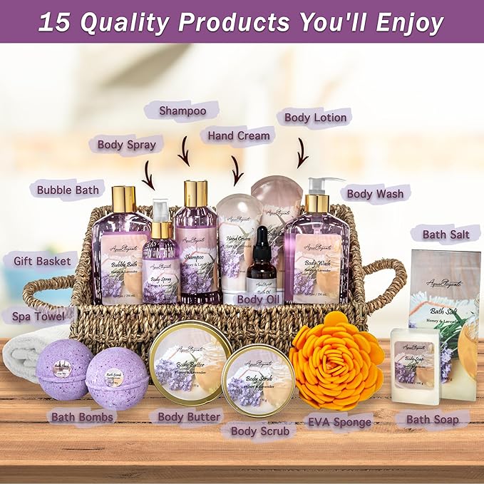Aqua Elegante Bath Spa Gift Set - 15 Piece Premium Basket with Wash, Bubble Bath, Lotion, Salts, Body Scrub, Towel, Shower Puff, Bathbombs, Reusable Basket, Gifts for Women - Honey & Lavender