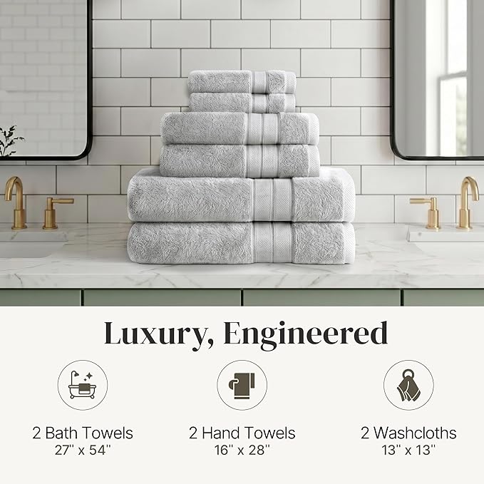 Modern Threads - Spun Loft 6-Piece 100% Combed Cotton Towel Set - Bath Towels, Hand Towels, & Washcloths - Super Absorbent & Quick Dry - 600 GSM - Soft & Plush, Gray