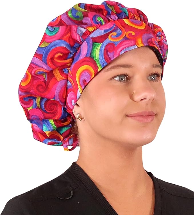 Sparkling EARTH Banded Bouffant Surgical Scrub Ponytail Working Caps and Built-in Sweatband - 100% Cotton - Made in The USA