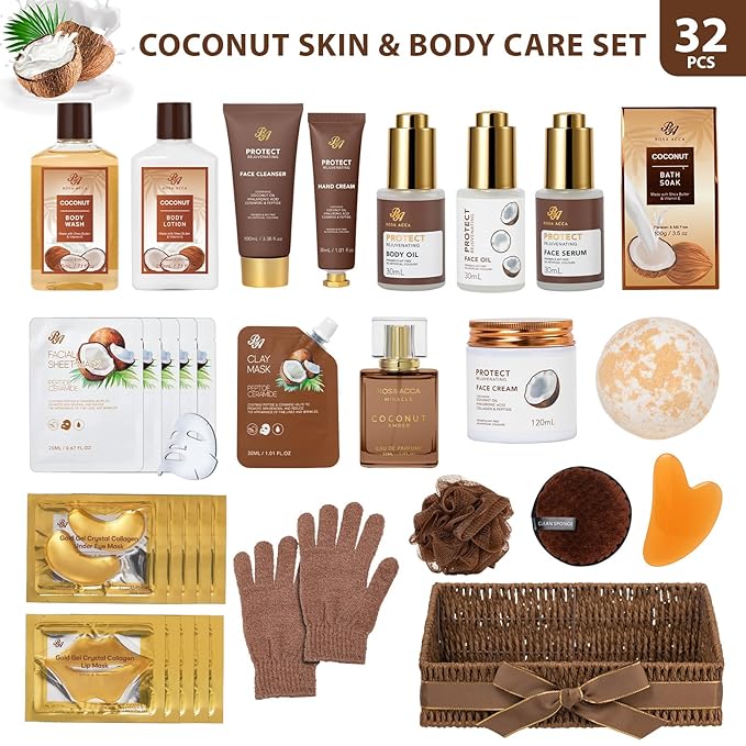 32 Pcs Mother's Day Gift for Mom, Coconut Vanilla Spa Gift Basket Set for Women & Men, Hydrating Face Skin Care Set, Bath & Body Gift Basket, Birthday, Christmas, Anniversary, Wife