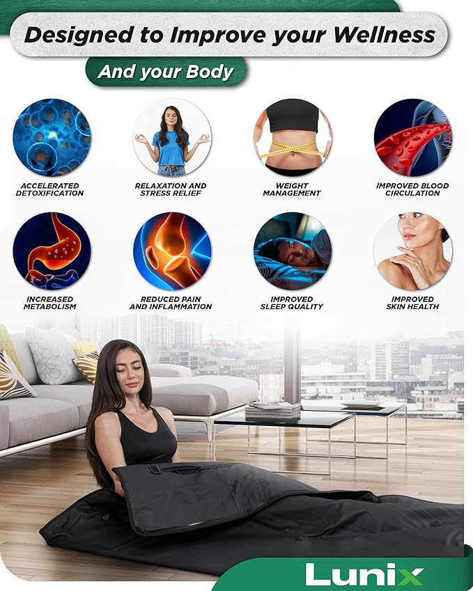 Lunix LX17 Infrared Sauna Blanket, Portable Sauna Bag for Relaxation, Detox & Stress Relief, Adjustable Heat 77–176°F, Far Infrared Blanket with Pillow, Wrap & Hot Cold Gel Pack – Jet Black