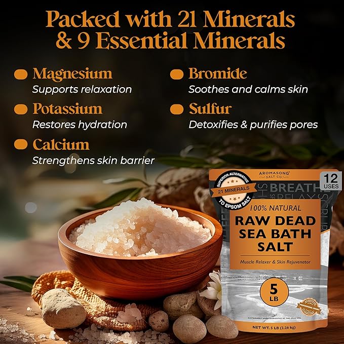 Aromasong Raw Dead Sea Bath Salt - Minimally Cleaned, Contains More Dead Sea Minerals Including Dead Sea Mud - 100% Pure & Natural Dead Sea Salts for Soaking 5 LB - Bulk Resealable Pack