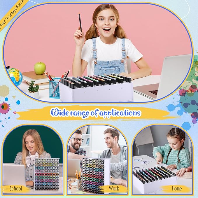 2 Pack Marker Storage Organizer, 600 Slots Total Art Supply Holder for Desk, Marker Rack with Removable Dividers for Colored Pencils & Paint Brushes (16.73 x 13.58 x 5.12 inch)