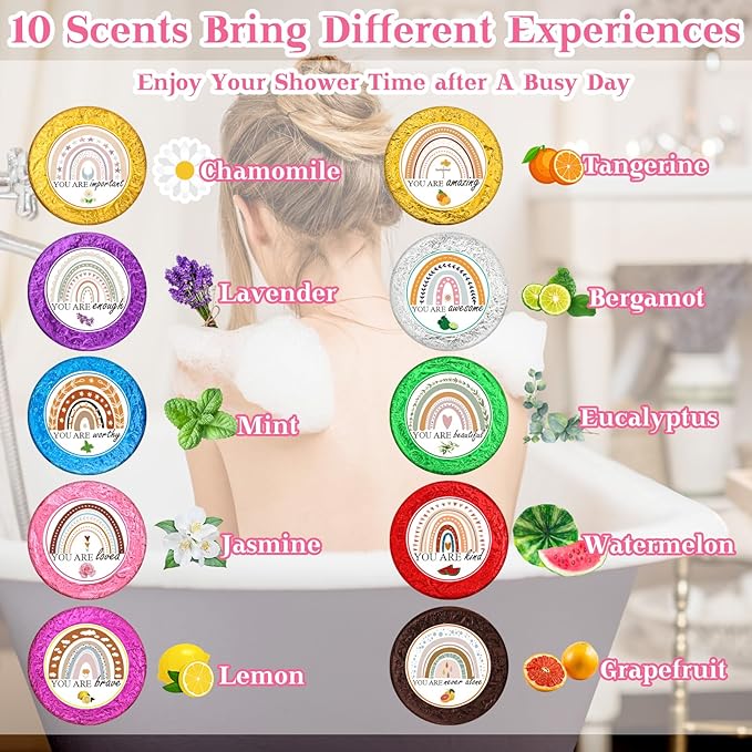 50 Pcs Valentine Spa Party Gifts Shower Aromatherapy Steamers Bulk with 10 Scents Team Appreciation Inspirational Gifts Bulk Boho Rainbow Individually Wrapped Shower Bombs for Women