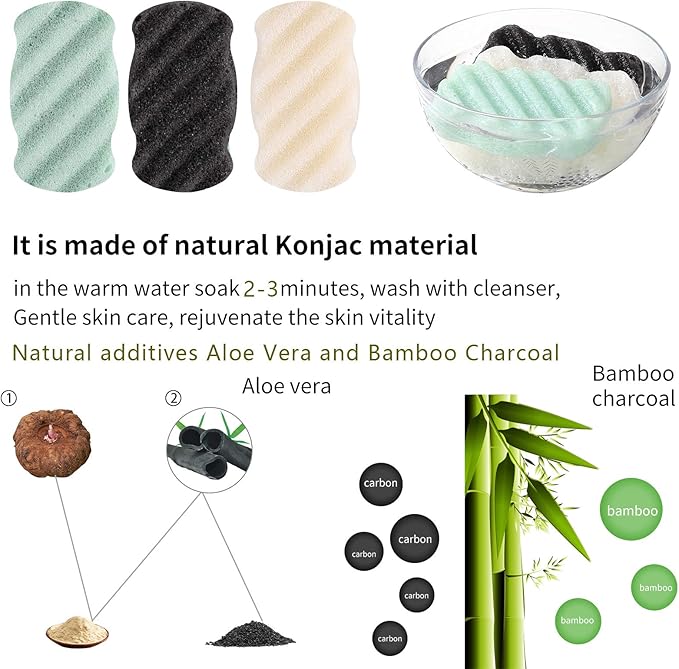 3 Pcs Natural Konjac Facial Sponges for Women and Girls, Gentle Facial Sponge for Cleansing and Makeup Removal, Bath Sponge for Babies and Kids, Soft When Wet, Suitable for Sensitive Skin