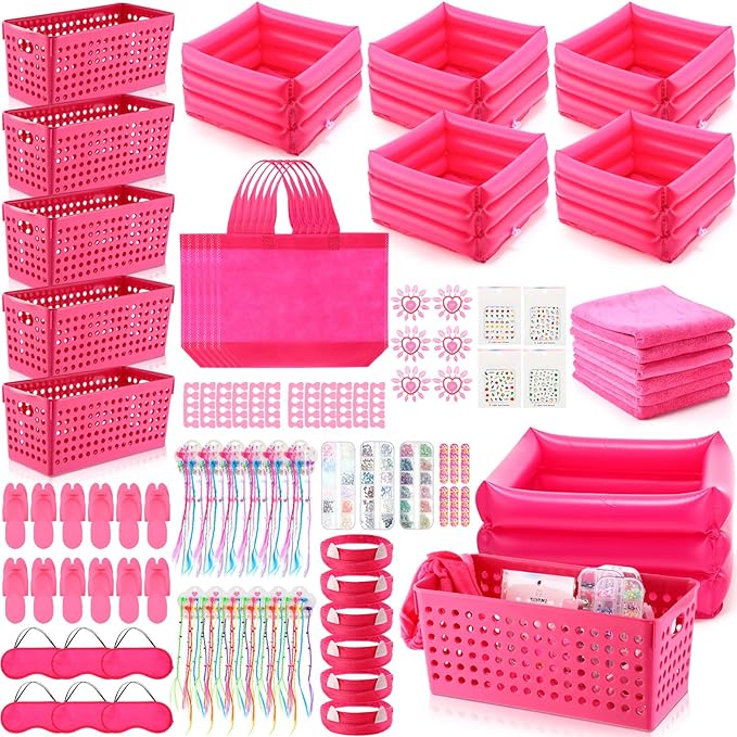 85 Pcs Spa Kit Nail Art Kit Sleepover Party Supplies with 12.5 x 12.5 in Inflatable Foot Tubs Foot Bath Towel and Basket DIY Manicure Pedicure Set for Slumber Party(Rose Red)