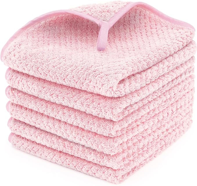 MaopaoBeauty 6 Piece Washcloth Set,100% Microfiber - Quick Dry, Thick, Soft, Plush and Highly Absorbent Luxury Hotel & Spa Bath Towel for Bathroom, Pack of 6, Pink