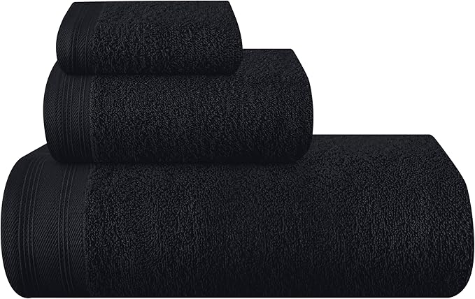 Ultra Soft 3 Pack Cotton Towel Set, Contains a Bath Towels 28x55 inch, a Hand Towels 16x24 inch & a Wash Coths 12x12 inch, Ideal Everyday use, Compact & Lightweight - Black, Medium