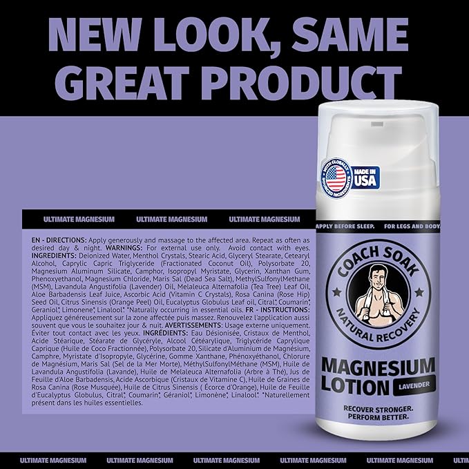 Coach Soak Magnesium Lotion with MSM - Magnesium Chloride & Menthol - Non-Greasy Alternative to Epsom Salt Lotion and Cream - Apply Before Sleep for Feet, Leg Cramps & Body - Lavender 10oz (3 Pack)