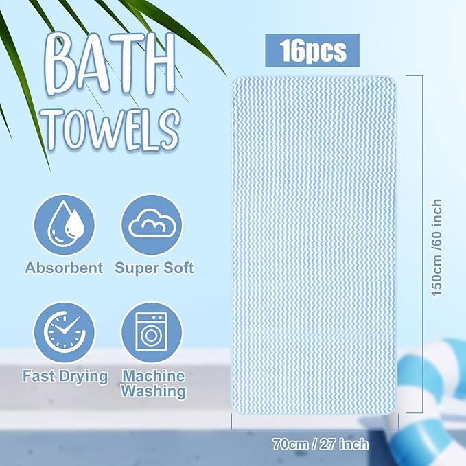 SmoothNovelty 16 Pack Microfiber Bath Towels Bulk 27'' x 60'' Oversized Size Bath Towel Highly Absorbent Extra Large Soft Drying for Beach Shower Summer Salon Sport Gym Party (Wave,Blue)
