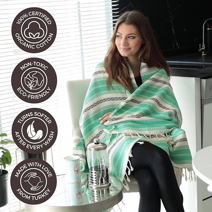 FESHKA Sand Proof Turkish Beach Towel – Oversized, Quick Dry & Lightweight Travel Towel - 100% Organic Cotton Beach Blanket - Perfect for Bath, Pool & Picnic | Mint (Mint)