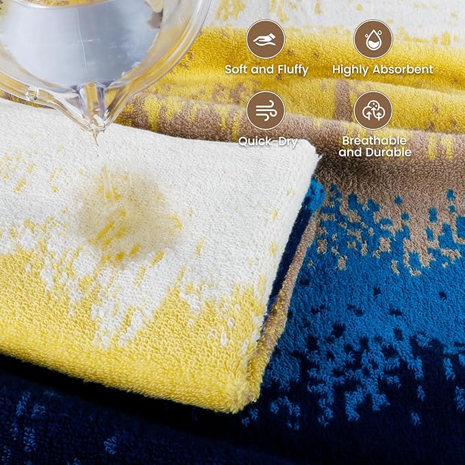 SEMAXE 4 Piece Coastal Ombre Bath Towel Set for Bathroom, 100% Cotton Bath Towel with Hanging Loop, 55 x 27 Inch, Soft Absorbent & Quick Dry, for Bathroom & Travel