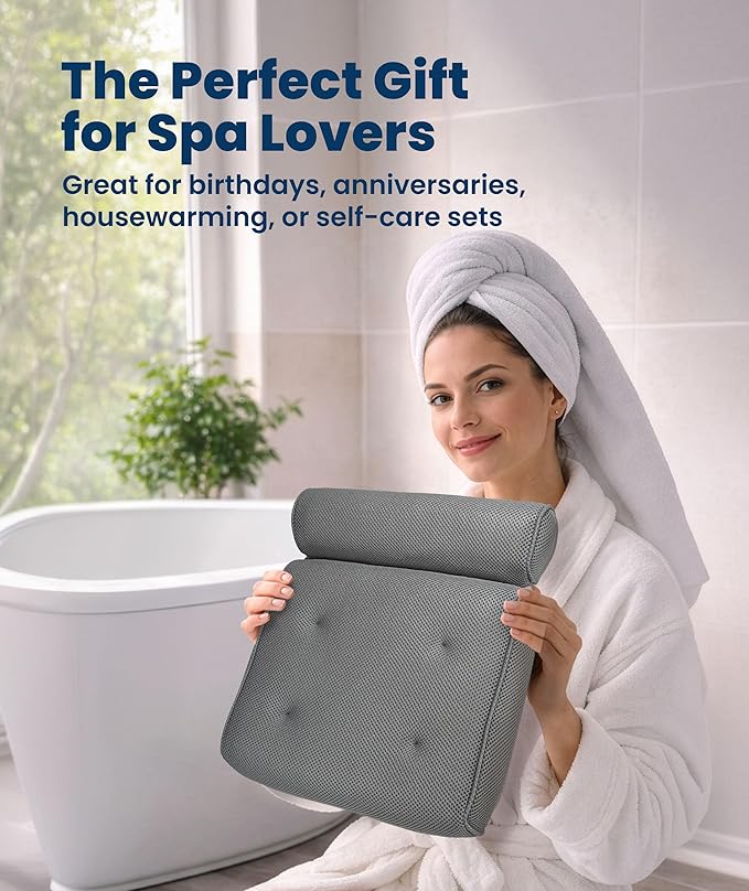 Everlasting Comfort Luxury Bath Pillows for Tub with Head and Neck Support - Non-Slip Bathtub Pillow with Suction Cups, Quick-Drying Mesh & Drying Hook - Jacuzzi & Spa Accessories for Women - Gray