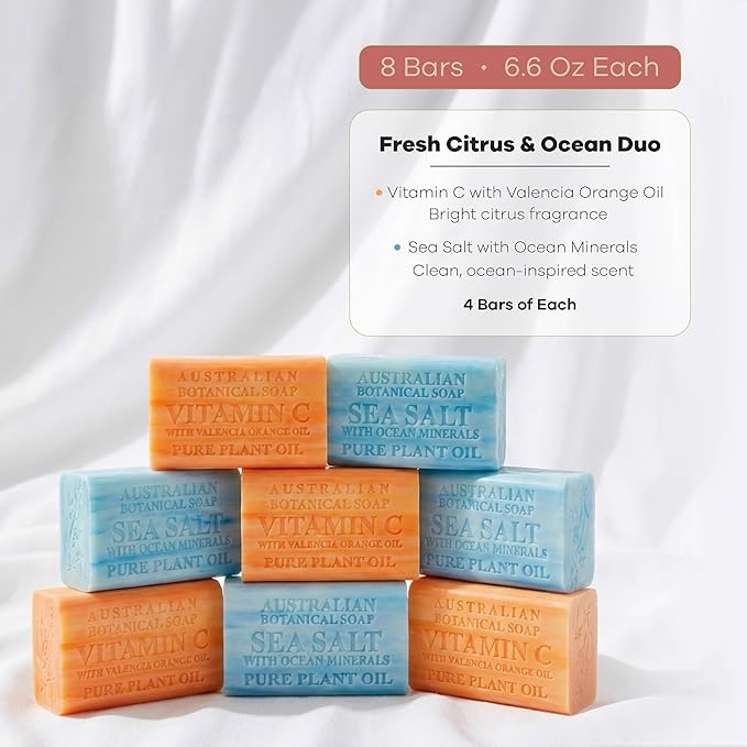 Australian Botanical Soap Variety Pack Includes 4 Valencia Orange and 4 Sea Salt Soap for Face, Hands and Body, Enriched with Shea Butter, Ocean Minerals and Vitamin C