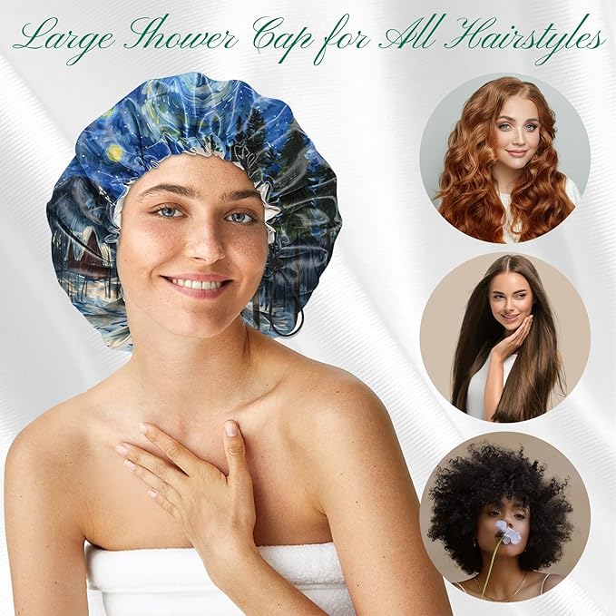 2 PCS Shower Cap Waterproof Double Layer Elastic Adjustable Reusable Hair Bath Caps for Girls Women Cute Aesthetic-Blue