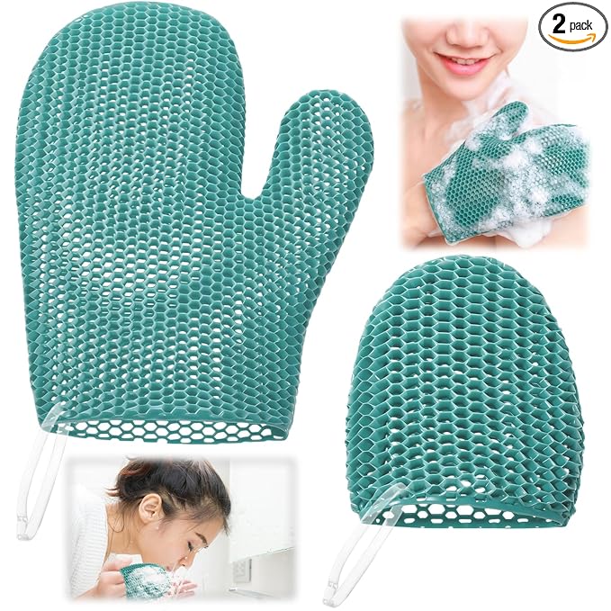 Karenhi 2 Pcs Honeycomb Exfoliating Glove Set Exfoliating Bath Mitt Honeycomb Face and Body Scrubber Shower Mitt for Cleaning Body Shower Face Skin Beauty Spa, Quick Drying (Green)