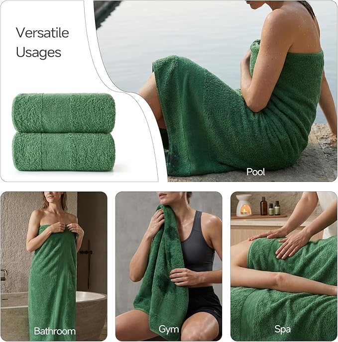 REDKISS Towels 2 Pack Luxury Extra Large Bath Towels Set 30 x 58 Inches – 100% Cotton, Ultra Soft Highly Absorbent & Quick Dry Towels for Bathroom, Gym, Hotel, Spa, Forest Green