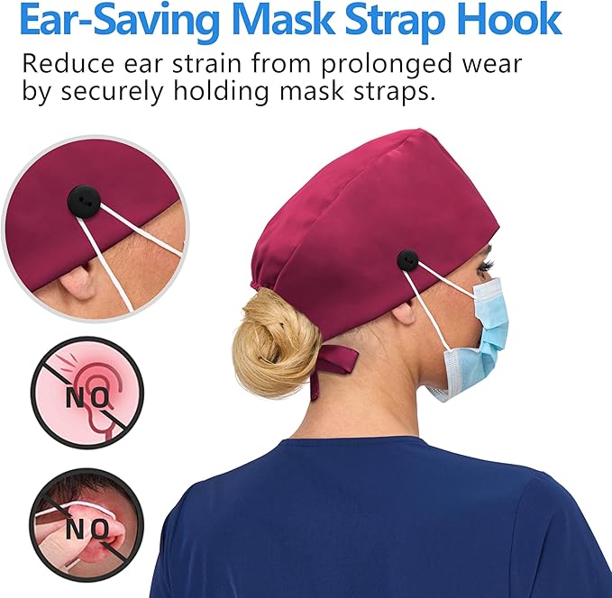 Satin Lined Scrub Cap, Adjustable Surgical Cap with Sweatband & Buttons, Soft and Wrinkle-Resistant Scrub Hat