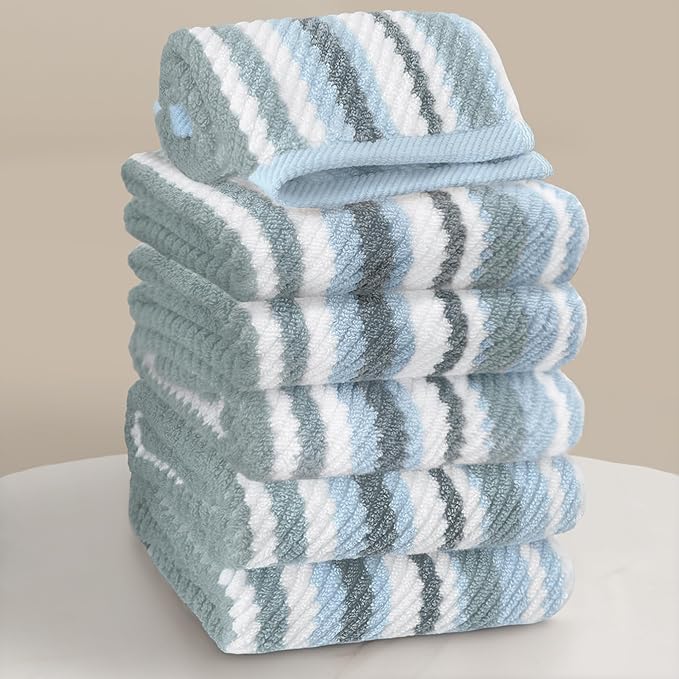 VOOVA & MOVAS Blue Striped Washcloths 6 Pack, 13"x13", 100% Cotton, Ultra Soft, Absorbent, Quick Dry, Lightweight, Luxury Decorative Wash Cloth Set for Bathroom, Blue + Gray Striped Design