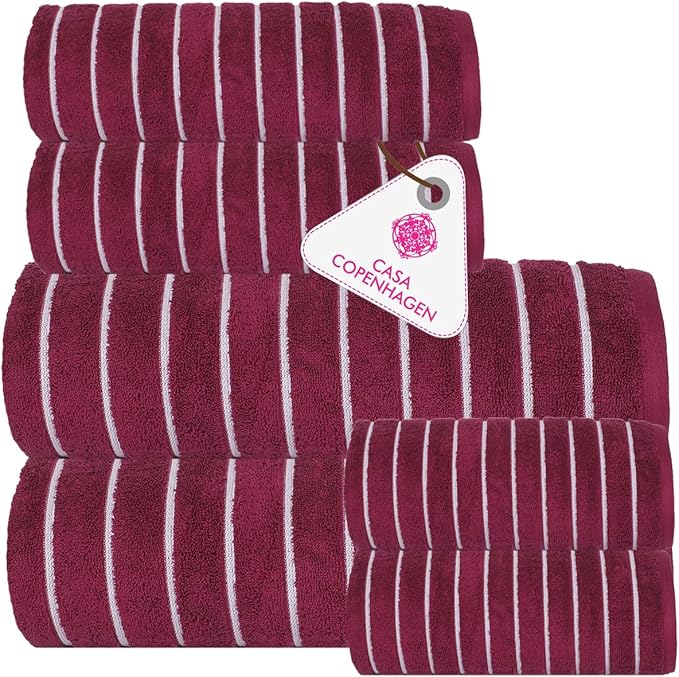 CASA COPENHAGEN Ecstatic 6Pcs 100% Egyptian Cotton Large Designer Towels Gift Set- Wine, 600GSM, 2Bath 2Hand 2Washcloths, Bath Towels for Bathroom Set for Women & Men