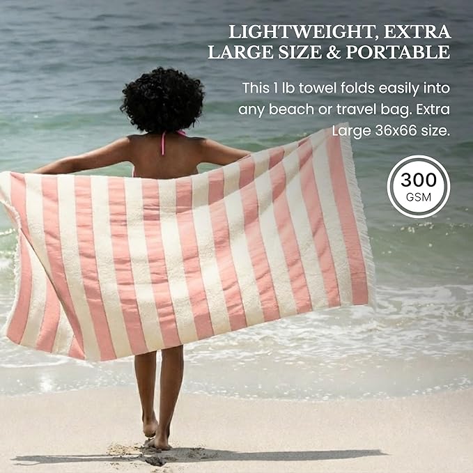 Lightweight Turkish Beach Towel - 100% BCI Cotton, Unbleached Raw Fringe, Oeko-TEX Certified, Absorbent, Eco-Friendly, 36x66”, Coral Pink & Natural Stripes, Portable Sarong Blanket for Pool, Travel