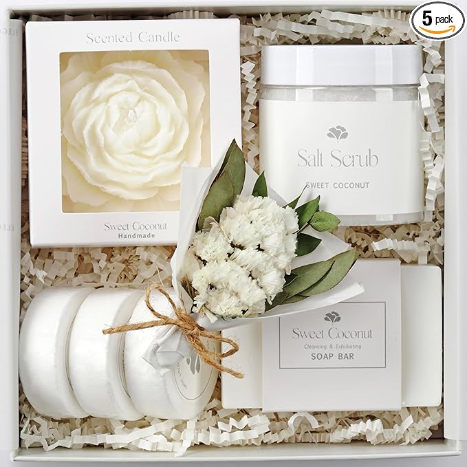 Mothers Day Spa Basket for Women – Sweet Coconut Luxury Candle & Bath Set, Handmade Self Care Birthday Box for Mom
