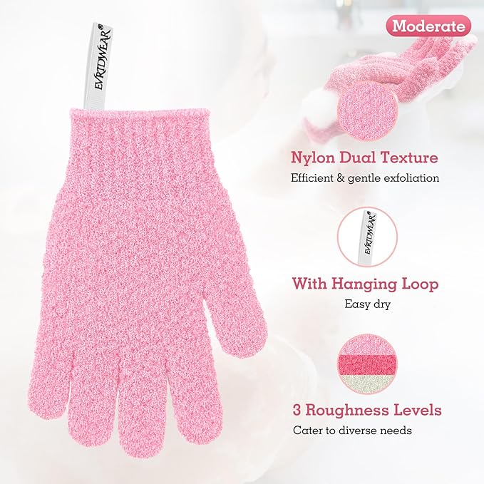 Evridwear Exfoliating Glove Shower Gloves Exfoliate Dead Skin for Dry Sensitive Skin No Irritation with Hanging Loop (Pink Moderate Exfoliation)