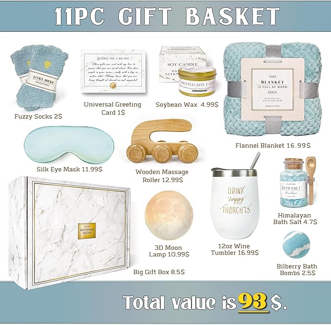 AHAGIFTREE Birthday Gifts for Women Self Care Gifts Get Well Soon Gifts Baskets with Moon lamp for Women After Surgery,11PC Spa,Thinking of You Gift, Care Package for Mom Friend (Turquoise)