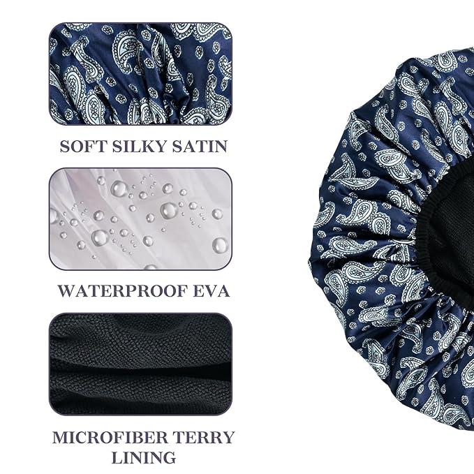 Bandana Satin Shower Cap, Three-Layer Terry Cloth Lined, with Silk Hair Ties, Microfiber Waterproof Reusable Large Size Shower Cap for Women Long Thick Hair (Blue Paisley)