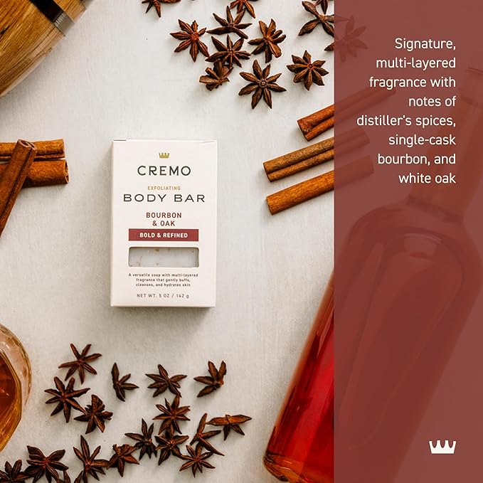 Cremo Exfoliating Body Bar for Men, Bourbon & Oak Scent, Multi-Layered Fragrance That Buffs, Cleanses and Hydrates Skin, 5oz (Pack of 12)