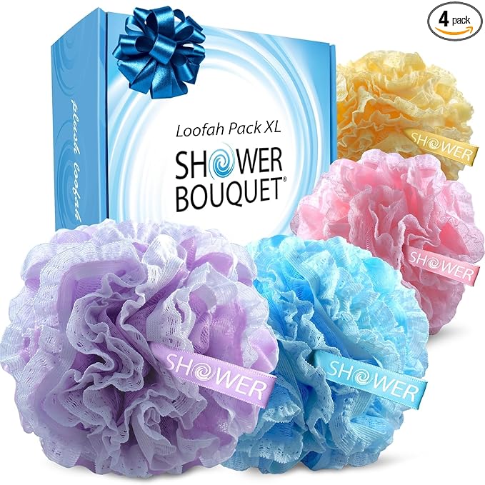 Loofah-Bath-Sponge Lace-Mesh-Set // 2-Scrubs-in-1 by Shower Bouquet/Large Full 60g Pouf (4 Pack Spa Colors) Body Luffa Loofa Loufa Puff - Exfoliate, Cleanse Skin with Luxurious Bathing Accessories