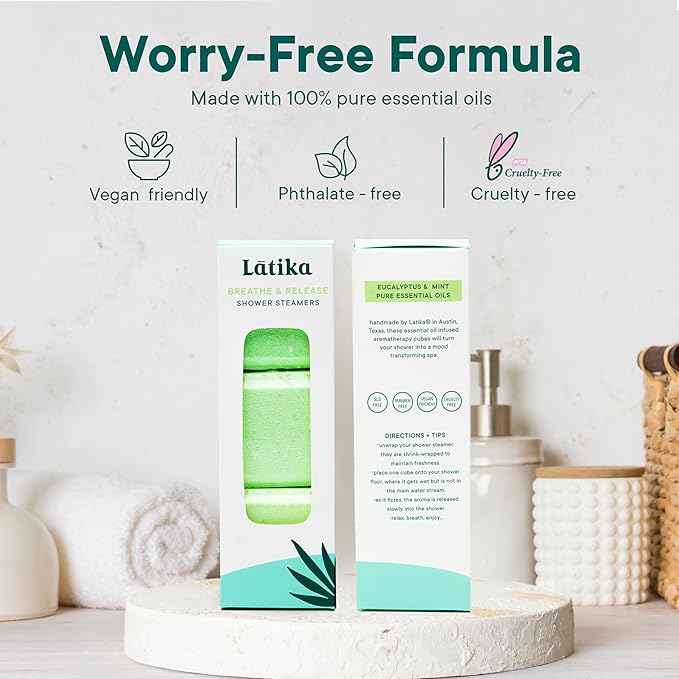 Latika Breathe & Release Aromatherapy Shower Steamer - Eucalyptus and Peppermint Essential Oils for Stress Relief, Relaxation and Anxiety Support Long-Lasting, Natural, Vegan Shower Must-Haves