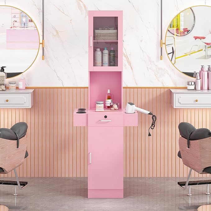 RESHABLE Salon Station for Hair Stylist,Hair Styling Storage Cabinet with Glass Door,Tool Dryer Holders, Salon Beauty Spa Barber Hair Staion, Pink