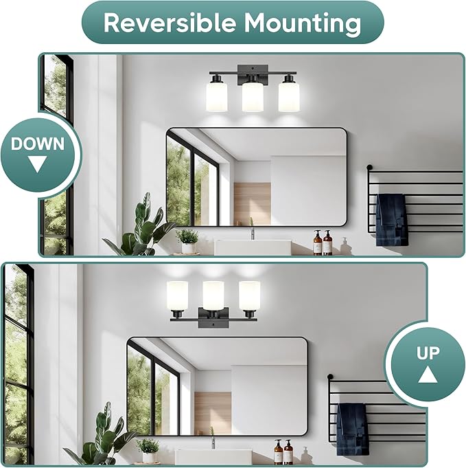 Ascher Bathroom Light Fixtures, 3-Light Vanity Light Over Mirror, Black Wall Sconces with Milky White Frosted Glass Shades, Wall Lamp for Living Room Bedroom, E26 Base(Bulbs Not Included)