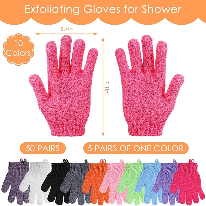 FoldTier 100 Pcs Exfoliating Gloves Bulk for Shower Body Double Sided Gloves Exfoliating Bath Mitt with Hanging Loop Bath for Women Men Bathing Skin Scrubber Accessories Beauty Spa (Multicolor)