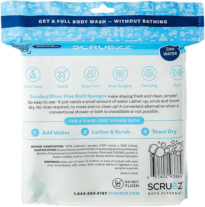 Scrubzz Disposable No Rinse Bathing Wipes - All-in-1 Single Use Shower Wipes, Simply Dampen, Lather, and Dry Without Shampoo or Rinsing (Unscented, 8-Pack)