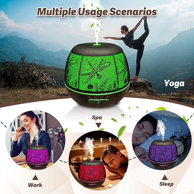 Roonbo Diffusers for Essential Oils Large Room 400ml,Essential Oil Diffuser for Home with R/C,Cool Mist Humidifiers for Bedroom,7 Colors Changed & 3 Mist Mode Waterless Auto Off for Decor Dragonfly